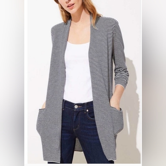 Nwt New Loft Striped Open Pocket Cardgian Medium - Picture 1 of 5